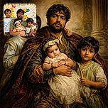 A cozy family moment captured at a colorful birthday celebration with a father holding a baby and two young boys standing close by, surrounded by vibrant flower decorations and cheerful lighting.