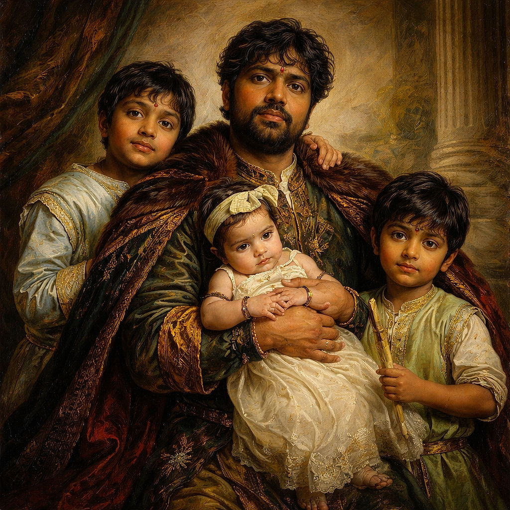 A cozy family moment captured at a colorful birthday celebration with a father holding a baby and two young boys standing close by, surrounded by vibrant flower decorations and cheerful lighting.