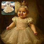 A joyful baby dressed in a fluffy white dress with floral details and a big matching headband is being held up by an adult, smiling brightly in a cozy living room setting with a soft carpet and couch in the background.