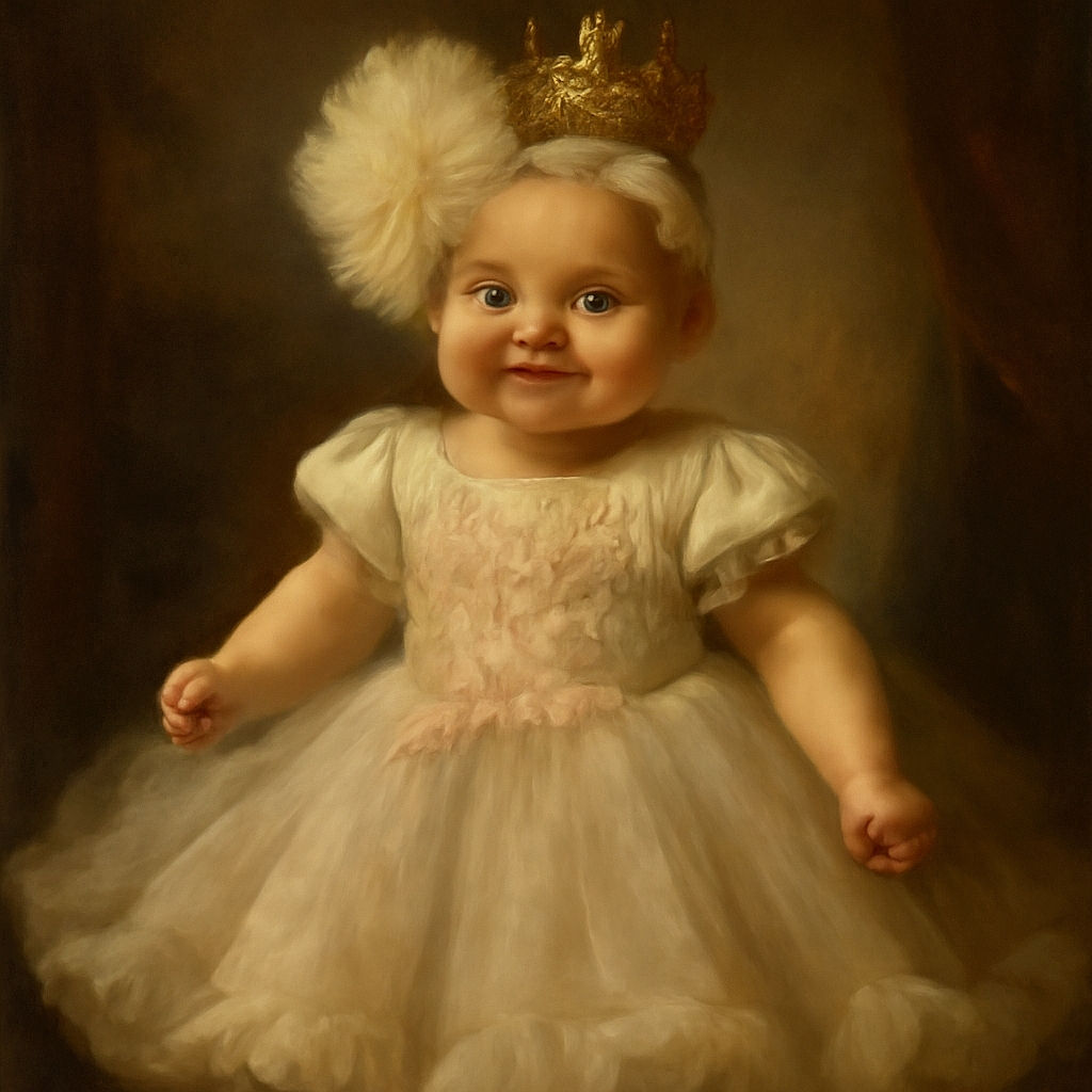 A joyful baby dressed in a fluffy white dress with floral details and a big matching headband is being held up by an adult, smiling brightly in a cozy living room setting with a soft carpet and couch in the background.