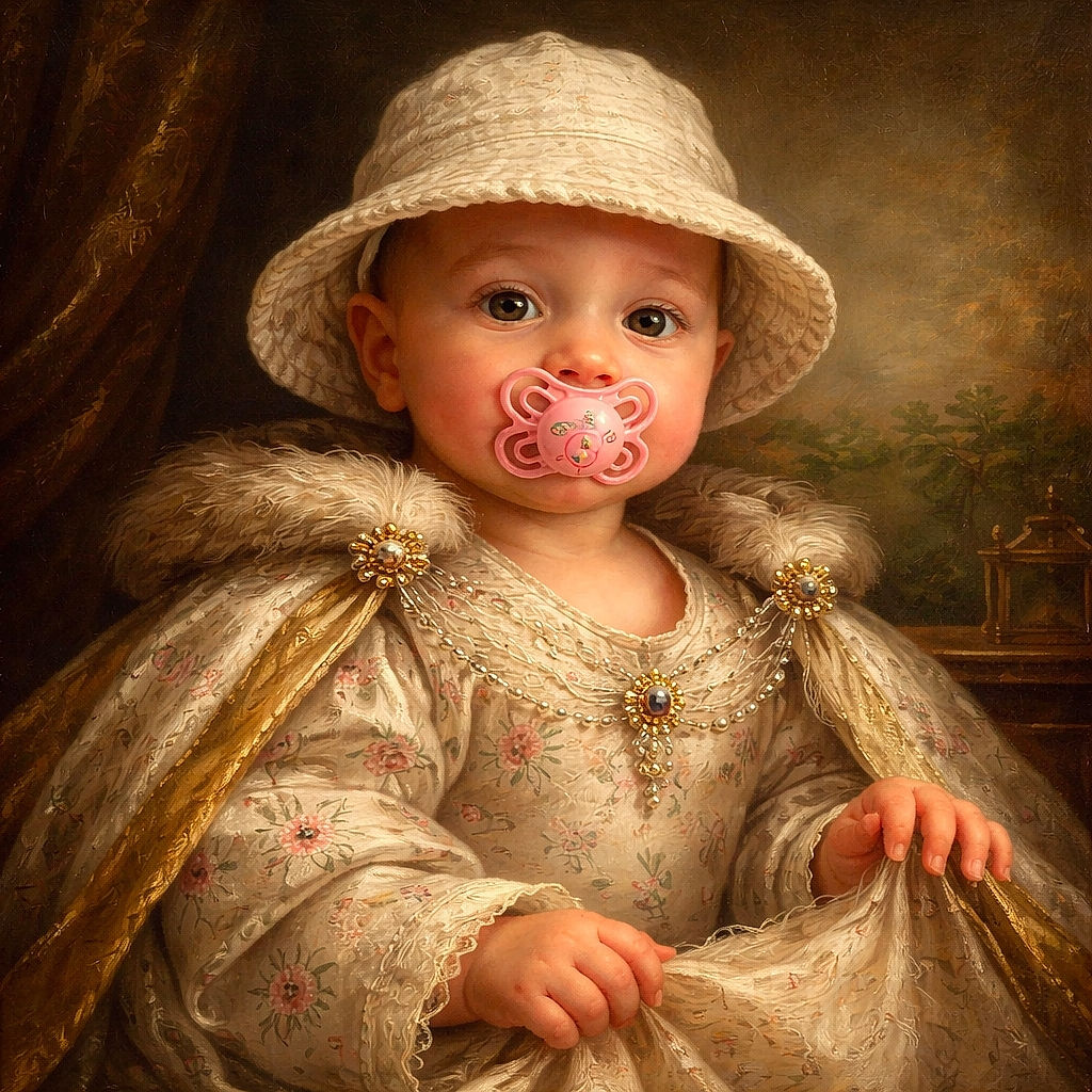 A cute baby wearing a white bucket hat and floral onesie is comfortably strapped in a gray car seat, with a pink pacifier in their mouth and tiny hands reaching out. Sunlight gently illuminates the scene, highlighting the baby's soft skin and curious expression.