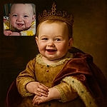 A close-up photo of a smiling baby wearing a yellow and white outfit with duck prints, showing tiny teeth and a joyful expression, with soft lighting and a cozy background.
