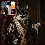 A majestic black-and-white cat sits upright like a tiny tuxedoed executive, staring intensely at the camera while a television behind it displays a wonderfully chaotic field of bright colors.