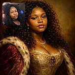 A young person with voluminous curly hair poses indoors, wearing a black top and a delicate necklace. The lighting highlights their glossy lips and smooth skin. Above their head, a playful digital overlay reads 'Achievement Made! Lost,' adding a humorous gaming vibe to the portrait.