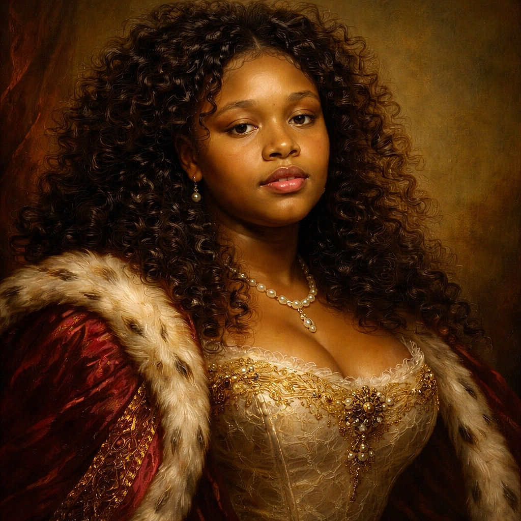 A young person with voluminous curly hair poses indoors, wearing a black top and a delicate necklace. The lighting highlights their glossy lips and smooth skin. Above their head, a playful digital overlay reads 'Achievement Made! Lost,' adding a humorous gaming vibe to the portrait.