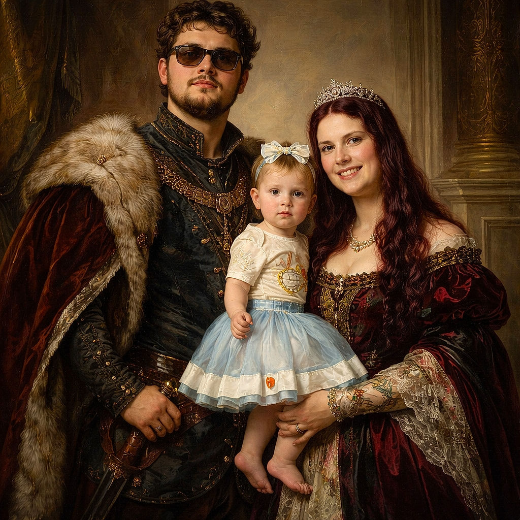 A cheerful family portrait in front of a colorful balloon arch — a bearded man in sunglasses, a smiling woman with tattoos holding a bewildered tutu-wearing baby who looks ready to both party and plot world domination. The festive backdrop, checkered accents and shiny balloons make the scene look like a tiny royal court for one very important toddler.