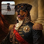 A cute Rottweiler puppy sits obediently on a sandy beach, looking straight at the camera with its tongue out, framed by a softly blurred background of dunes and a clear blue sky. The leash stretches out in front, hinting at a playful day outdoors.