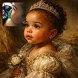 A close-up side profile of a baby with a green pacifier, big curious eyes looking intently at something, wearing a black outfit with white skull patterns, and a small earring sparkling on the ear.