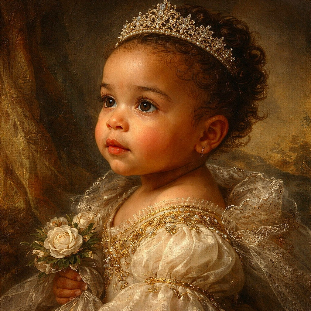 A close-up side profile of a baby with a green pacifier, big curious eyes looking intently at something, wearing a black outfit with white skull patterns, and a small earring sparkling on the ear.