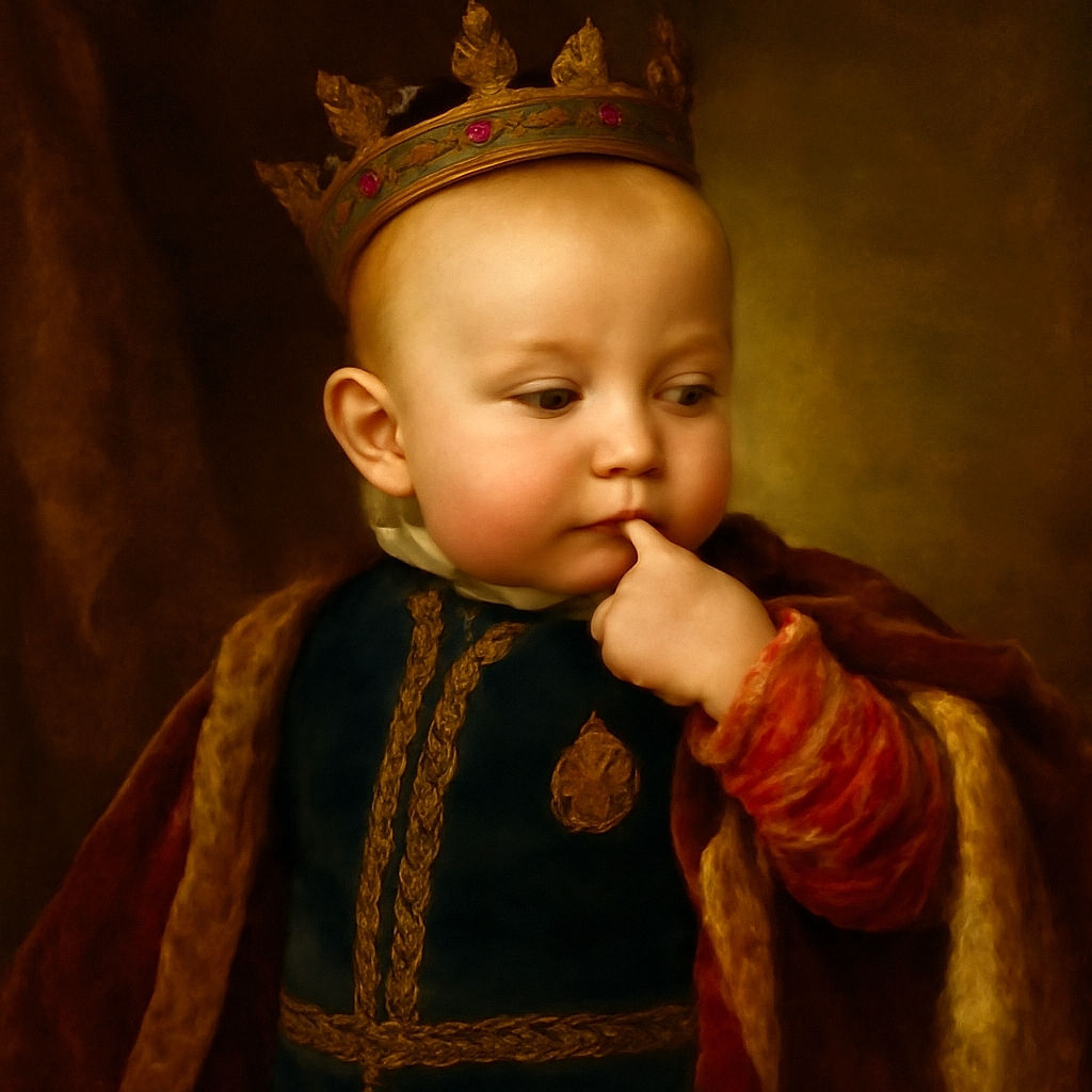 A curious baby dressed in a navy blue vest with red and white striped sleeves looks down thoughtfully against a solid black background, making the little one pop like a star on a stage.
