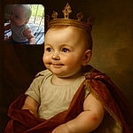 A chubby baby with a cute little mohawk and a heart-shaped sticker on their arm sits on a striped blanket near a window with decorative iron bars, looking curiously to the side with a soft natural light illuminating their face.