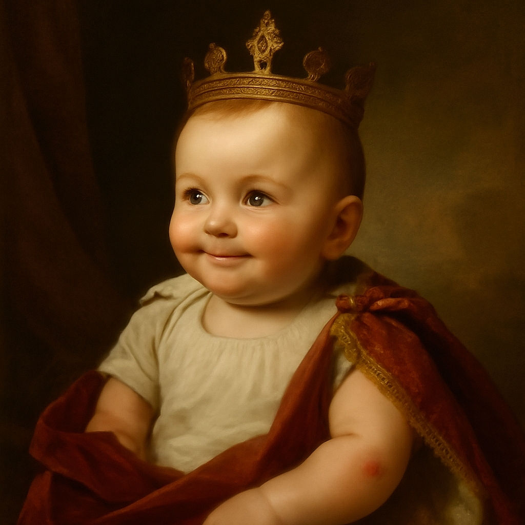 A chubby baby with a cute little mohawk and a heart-shaped sticker on their arm sits on a striped blanket near a window with decorative iron bars, looking curiously to the side with a soft natural light illuminating their face.