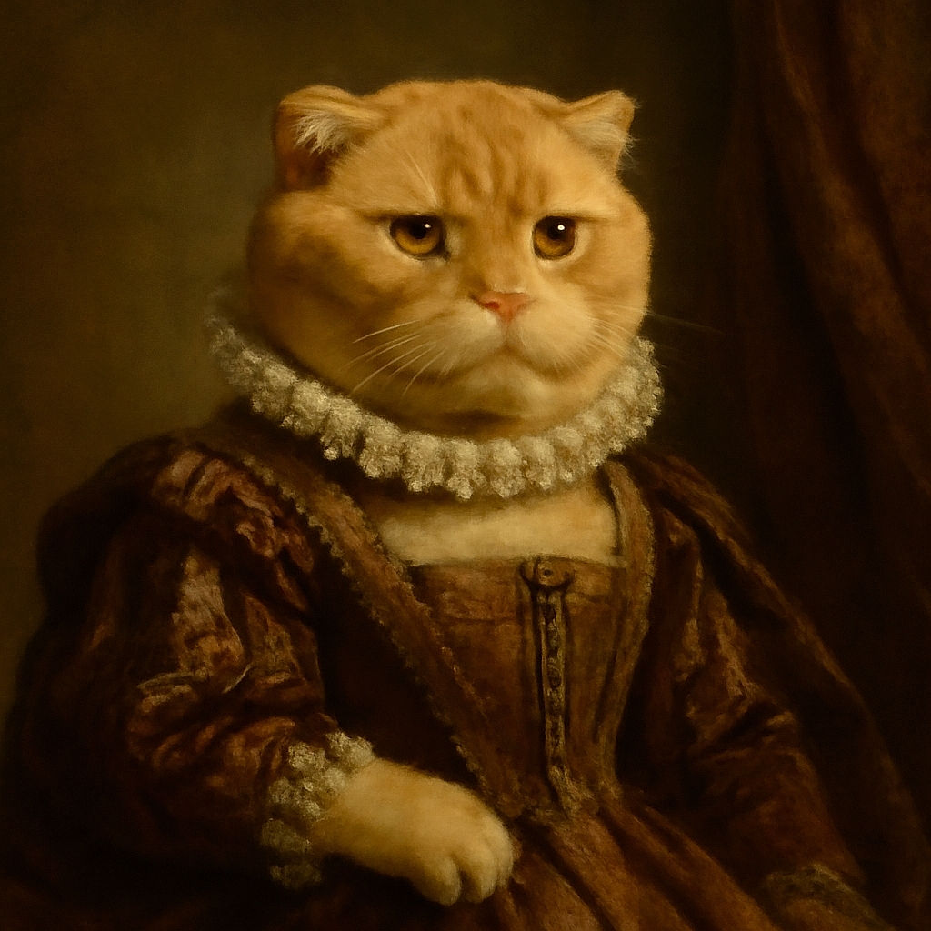 A blurry photo shows a person wearing a patterned sweater holding a ginger cat. The cat looks slightly grumpy, and the cozy indoor setting includes patterned pillows in the background.