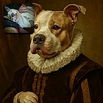 A relaxed dog lying on its back on a pink blanket, looking content and cozy, with a tattooed arm visible nearby. The photo has a casual, candid feel with soft lighting and a slightly grainy texture.