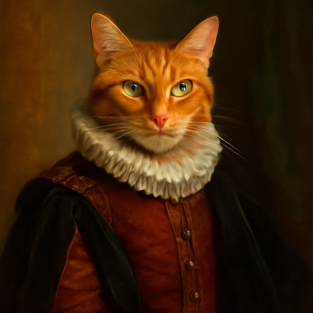 A fluffy orange tabby cat lounges on a gray wooden floor, looking up with curious green eyes and a slightly tilted head, as if caught mid-thought or mid-meow.