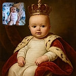 A chubby-cheeked baby in a white onesie is sitting up against a bed with floral blue-and-white pillows, looking curiously at the camera with wide eyes and a slightly open mouth, surrounded by soft bedding.