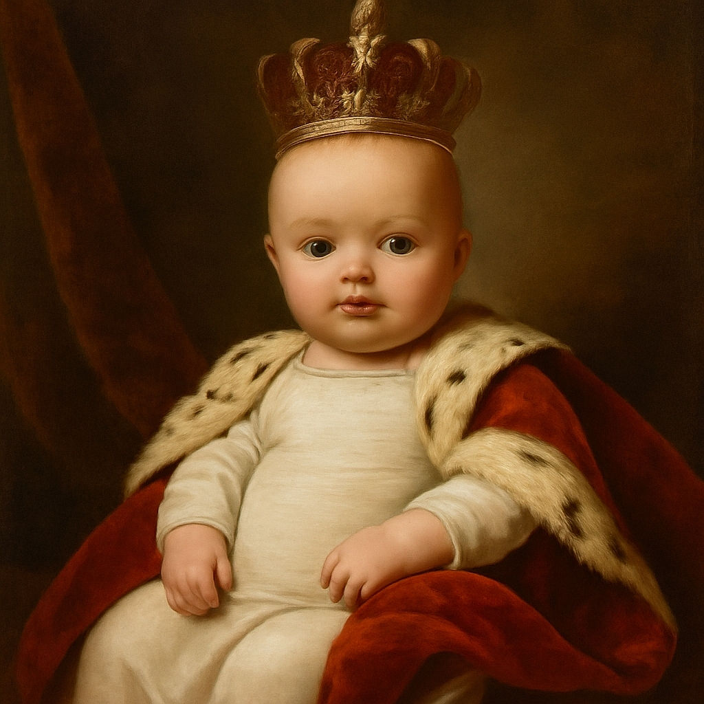 A chubby-cheeked baby in a white onesie is sitting up against a bed with floral blue-and-white pillows, looking curiously at the camera with wide eyes and a slightly open mouth, surrounded by soft bedding.