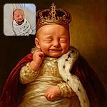 A tiny newborn baby wrapped snugly in a cute white blanket with lion prints, smiling peacefully as if dreaming about a world of adventures, surrounded by soft white bedding that makes the scene feel warm and cozy.