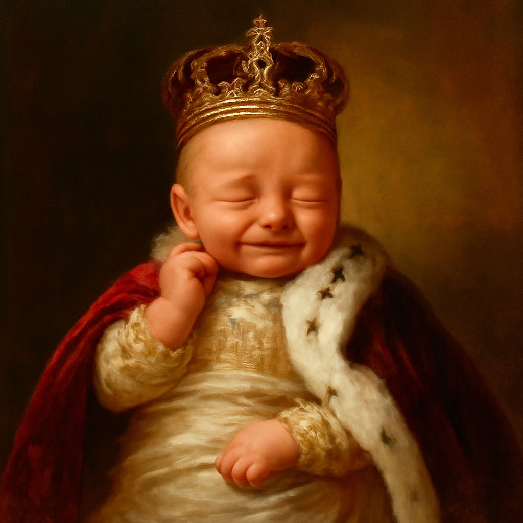 A tiny newborn baby wrapped snugly in a cute white blanket with lion prints, smiling peacefully as if dreaming about a world of adventures, surrounded by soft white bedding that makes the scene feel warm and cozy.