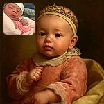 A cozy newborn wrapped in a soft pink blanket and wearing a cute floral hat, gazing curiously at the camera with tiny fists near the face; two simple white heart doodles add a touch of love to this tender moment.