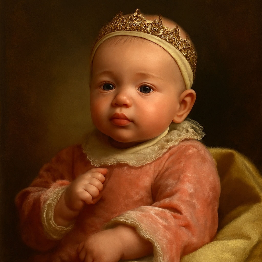 A cozy newborn wrapped in a soft pink blanket and wearing a cute floral hat, gazing curiously at the camera with tiny fists near the face; two simple white heart doodles add a touch of love to this tender moment.