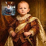 A pint-sized lawnmower captain stares solemnly from the seat of a big red mower inside a cluttered garage — serious face, tiny hands gripping the top of the seat, surrounded by tools, an ATV, and a fridge. The overhead lights and wooden ceiling give it a cozy-but-industrial vibe, like a toddler who just inherited a fleet.