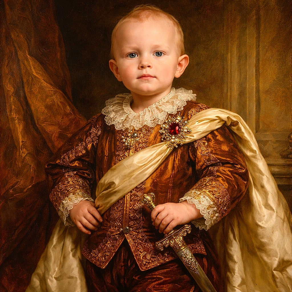 A pint-sized lawnmower captain stares solemnly from the seat of a big red mower inside a cluttered garage — serious face, tiny hands gripping the top of the seat, surrounded by tools, an ATV, and a fridge. The overhead lights and wooden ceiling give it a cozy-but-industrial vibe, like a toddler who just inherited a fleet.