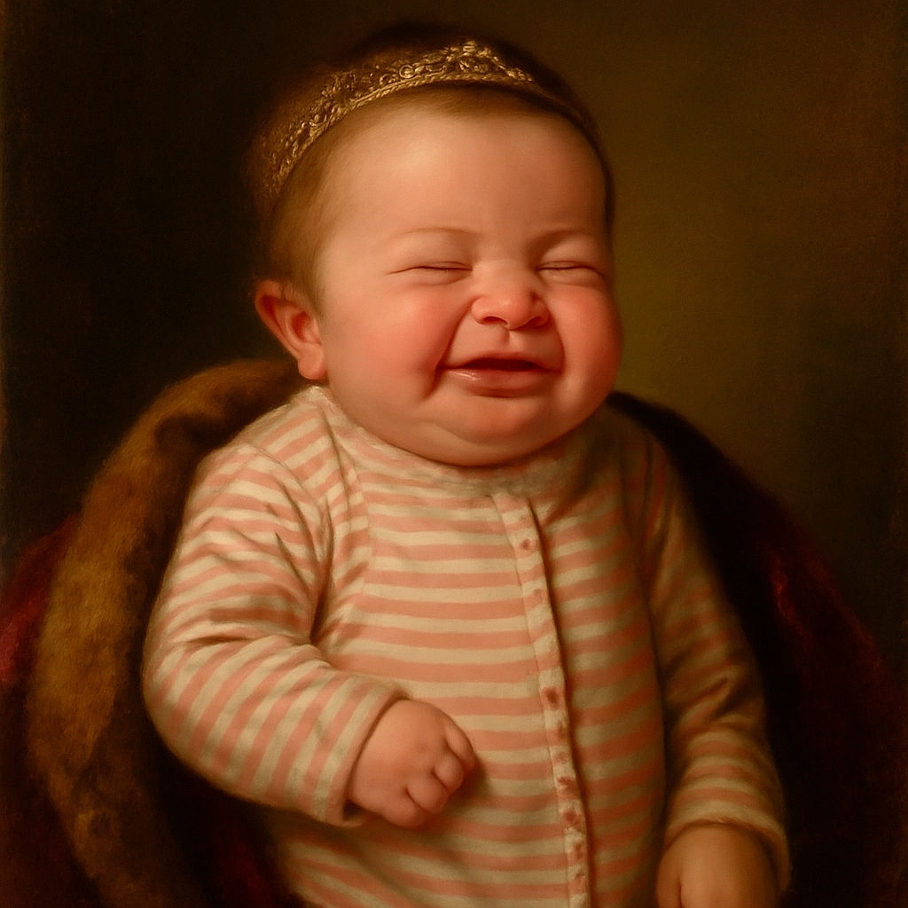 A squinting newborn baby in a pink and white striped onesie lies on a soft towel and a patterned blanket, making a funny scrunched-up face as if reacting to a bright light or a tickle.