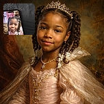 A blurry selfie of a young child with braided hair and beads, displayed on a smartphone screen resting on a dark wrinkled fabric surface. The phone screen shows some app interface elements and a date/time overlay at the top.