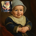 A chubby-cheeked baby wearing a striped blue and white sunhat and matching outfit sits comfortably in a stroller, clutching a soft beige bib with a curious and happy expression.
