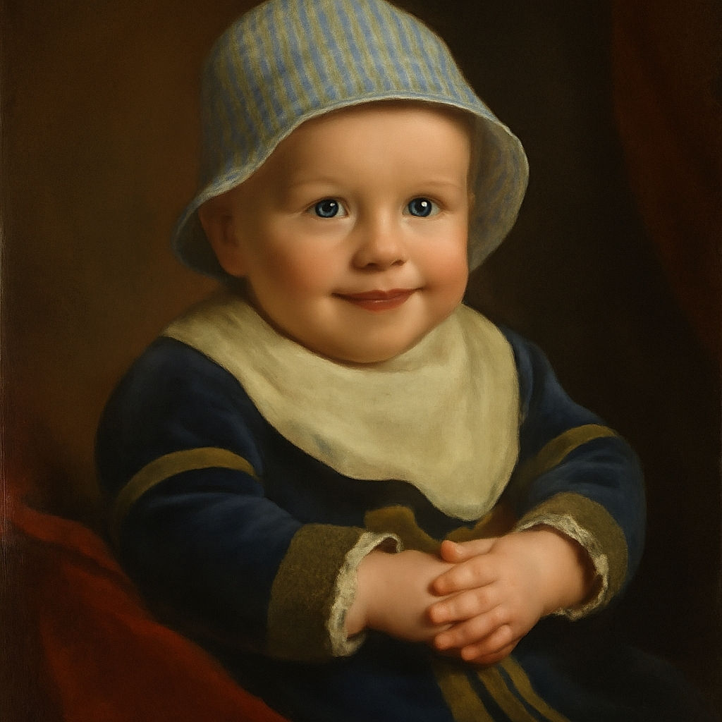 A chubby-cheeked baby wearing a striped blue and white sunhat and matching outfit sits comfortably in a stroller, clutching a soft beige bib with a curious and happy expression.
