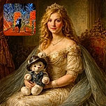 A cozy nighttime scene where a woman sits on a giant glowing orange throne holding a bundled-up baby, surrounded by sparkling holiday lights and frosted trees, making it look like a magical winter wonderland.