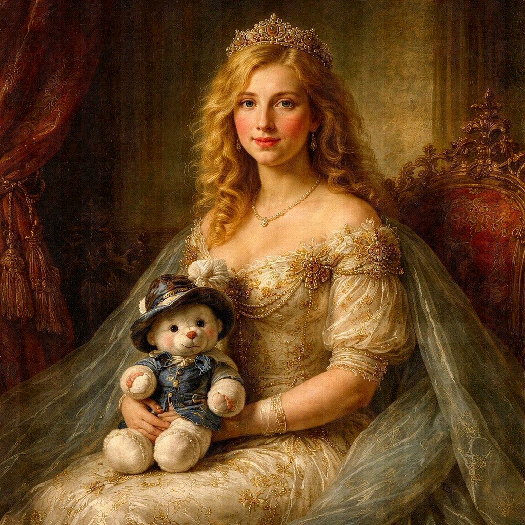 A cozy nighttime scene where a woman sits on a giant glowing orange throne holding a bundled-up baby, surrounded by sparkling holiday lights and frosted trees, making it look like a magical winter wonderland.