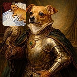 A small brown dog lounges comfortably on a blue and white patchwork quilt, looking back with big, expressive eyes that seem to say, 'Are you coming to pet me or what?' The background shows a wooden dresser and a cozy blanket, creating a warm, homey vibe.