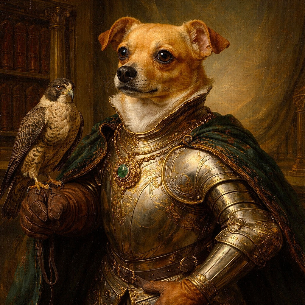 A small brown dog lounges comfortably on a blue and white patchwork quilt, looking back with big, expressive eyes that seem to say, 'Are you coming to pet me or what?' The background shows a wooden dresser and a cozy blanket, creating a warm, homey vibe.