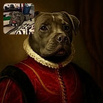 A relaxed gray dog with a red collar lounges on a beige surface, surrounded by cozy blankets and a cluttered room background featuring a desk, air conditioner, and various household items.