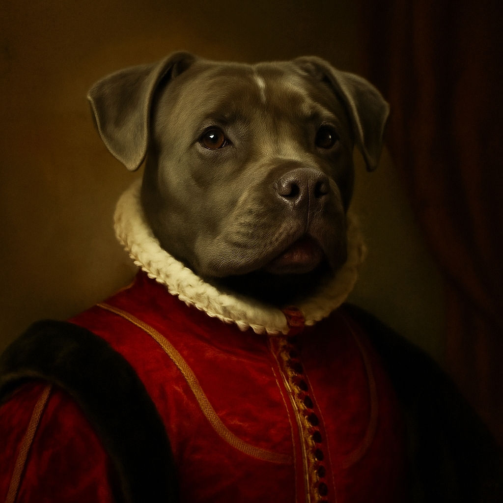 A relaxed gray dog with a red collar lounges on a beige surface, surrounded by cozy blankets and a cluttered room background featuring a desk, air conditioner, and various household items.