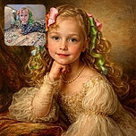 A charming young child lies on a colorful patchwork quilt, resting their chin on their hand, with playful, colorful curlers in their hair. The cozy setting includes a large plush toy to the side and a softly textured wall in the background, evoking a warm and relaxed atmosphere.