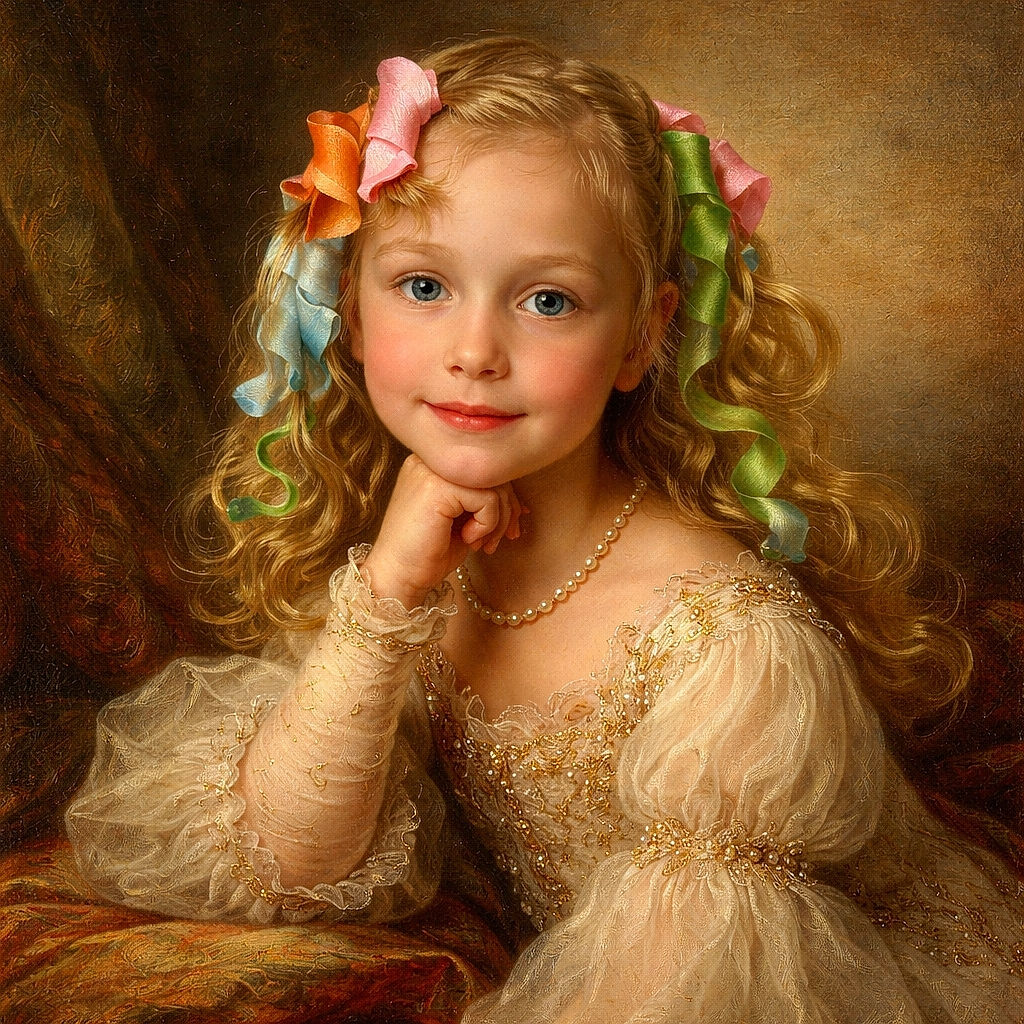 A charming young child lies on a colorful patchwork quilt, resting their chin on their hand, with playful, colorful curlers in their hair. The cozy setting includes a large plush toy to the side and a softly textured wall in the background, evoking a warm and relaxed atmosphere.
