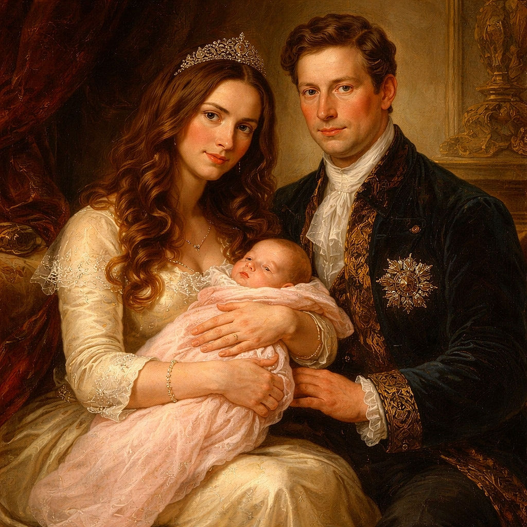 A cozy and elegant family portrait in a luxurious, vintage room with golden tones. A woman in a satin dress lovingly holds a swaddled baby with a stuffed bunny, while a man in a suit gazes affectionately at the infant. The warm fireplace and classic paintings add to the regal and intimate atmosphere.