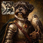 An adorable small dog with big, soulful eyes wearing a colorful bandana and a black harness, resting its paws on someone's legs in a cozy indoor setting with wooden floors and furniture.