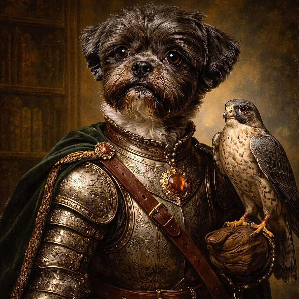 An adorable small dog with big, soulful eyes wearing a colorful bandana and a black harness, resting its paws on someone's legs in a cozy indoor setting with wooden floors and furniture.