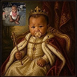 A determined little baby sits proudly on the bed with a pacifier clamped like a tiny executive microphone, looking ready to negotiate bedtime while the blankets and cluttered room provide the backstage set.