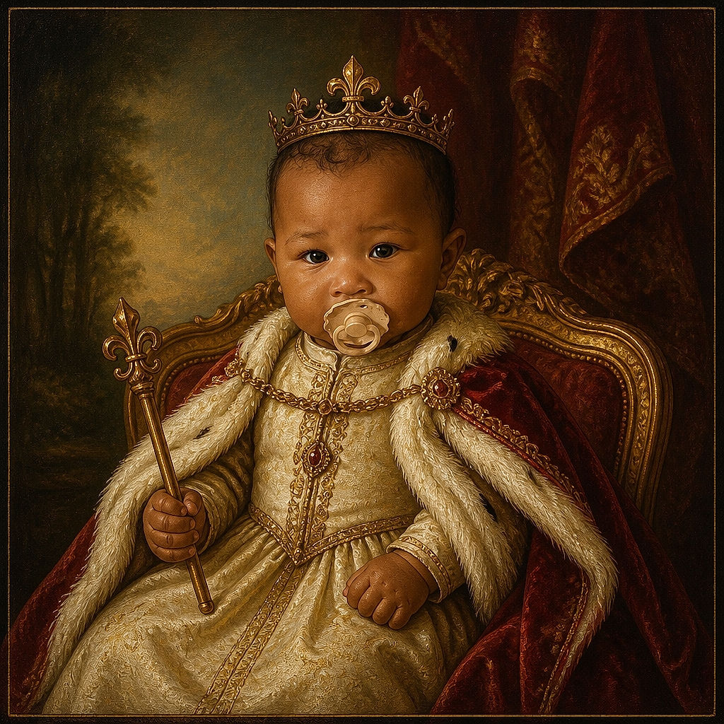 A determined little baby sits proudly on the bed with a pacifier clamped like a tiny executive microphone, looking ready to negotiate bedtime while the blankets and cluttered room provide the backstage set.