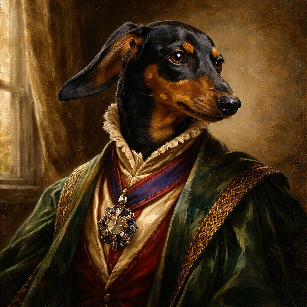 A charming little dachshund puppy lounges comfortably on a soft beige couch, with one ear flopped adorably to the side and a curious expression as if eavesdropping on secret puppy gossip.