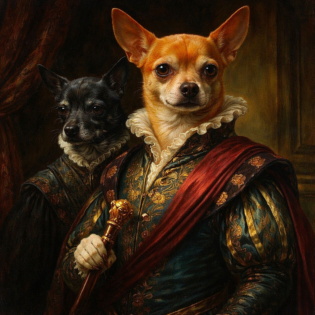 Two adorable dogs chilling on a couch—one black dog curled up and snoozing, the other tan dog sitting upright and looking curiously at the camera. The cozy living room vibe adds a warm touch to this casual pet portrait.