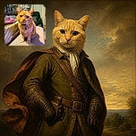 A wide-eyed orange cat sits proudly on a couch, staring into the camera like it has just been promoted to household supervisor. Colorful lighting, a cozy room, and an impressive whisker display complete the feline portrait.