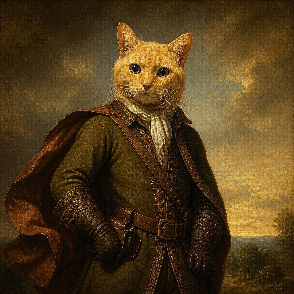 A wide-eyed orange cat sits proudly on a couch, staring into the camera like it has just been promoted to household supervisor. Colorful lighting, a cozy room, and an impressive whisker display complete the feline portrait.