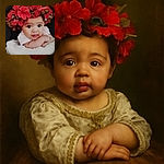 A charming baby with big, curious eyes is resting on a soft white blanket in a basket, wearing a crown of vibrant red flowers that contrasts beautifully against the dark background. The baby’s expression is a mix of wonder and slight amusement, making the scene irresistibly adorable.