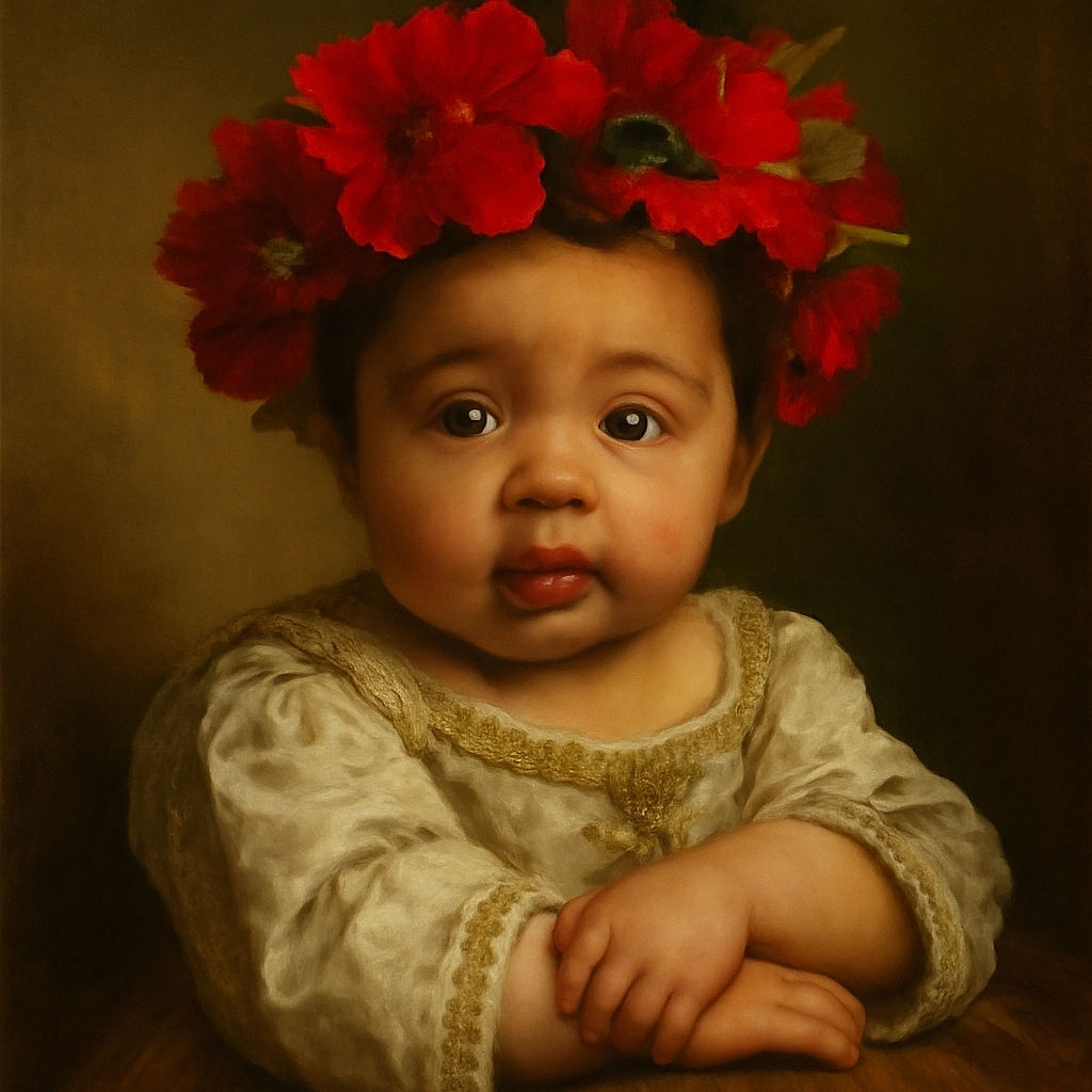 A charming baby with big, curious eyes is resting on a soft white blanket in a basket, wearing a crown of vibrant red flowers that contrasts beautifully against the dark background. The baby’s expression is a mix of wonder and slight amusement, making the scene irresistibly adorable.